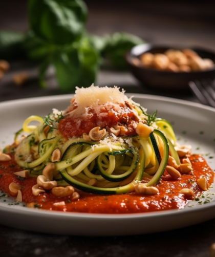 Cashew-Parmesan mit Zucchini Nudeln