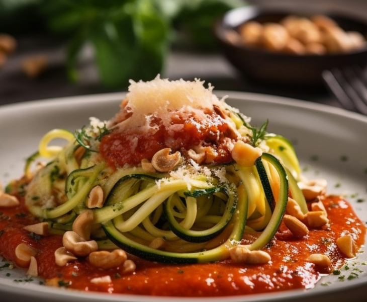 Cashew-Parmesan mit Zucchini Nudeln