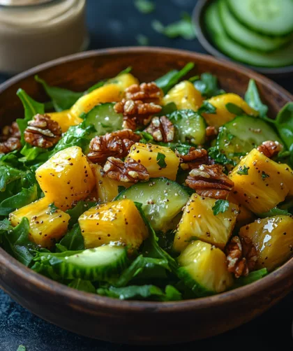 Frischer Ananas-Salat mit Rucola, Avocado und Limetten-Tahini-Dressing