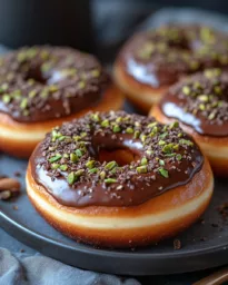 Vegane Donuts aus dem Ofen mit dunkler Schokoladenglasur und Pistazien-Topping