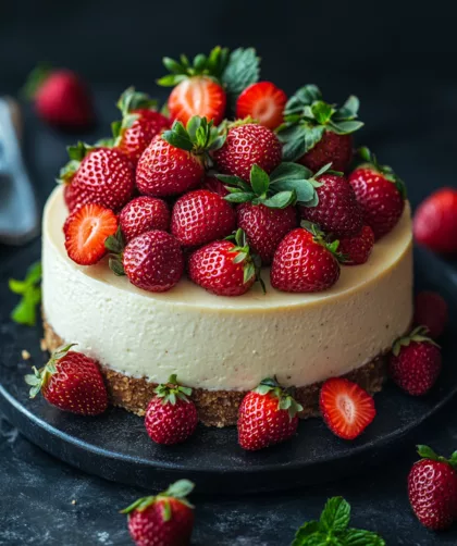Roh-Veganer Käsekuchen mit frischen Erdbeeren