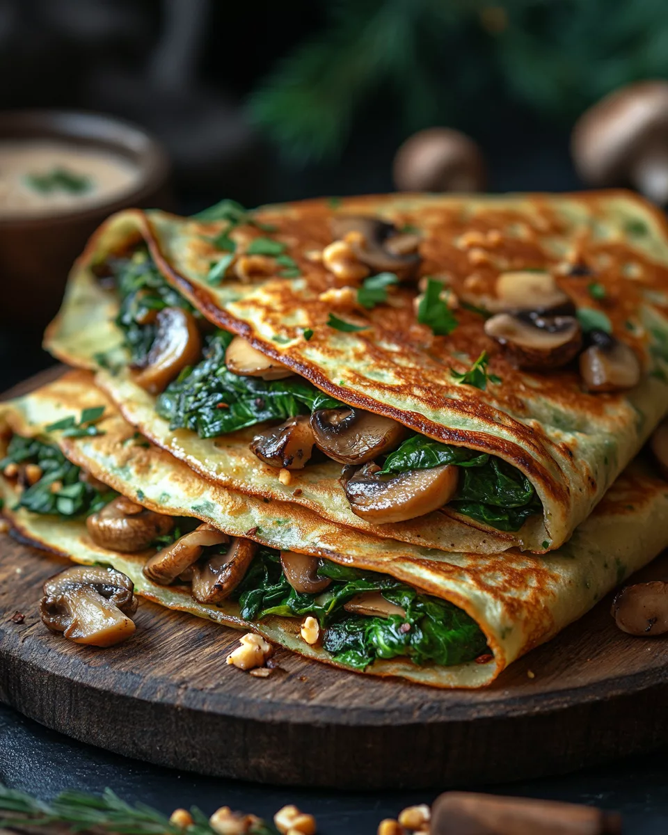 Savory vegan Crêpes: Filled with Spinach, Mushrooms, and Cashew Sauce * go nut