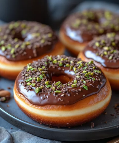Vegan Baked Donuts with Dark Chocolate Glaze and Pistachio Topping